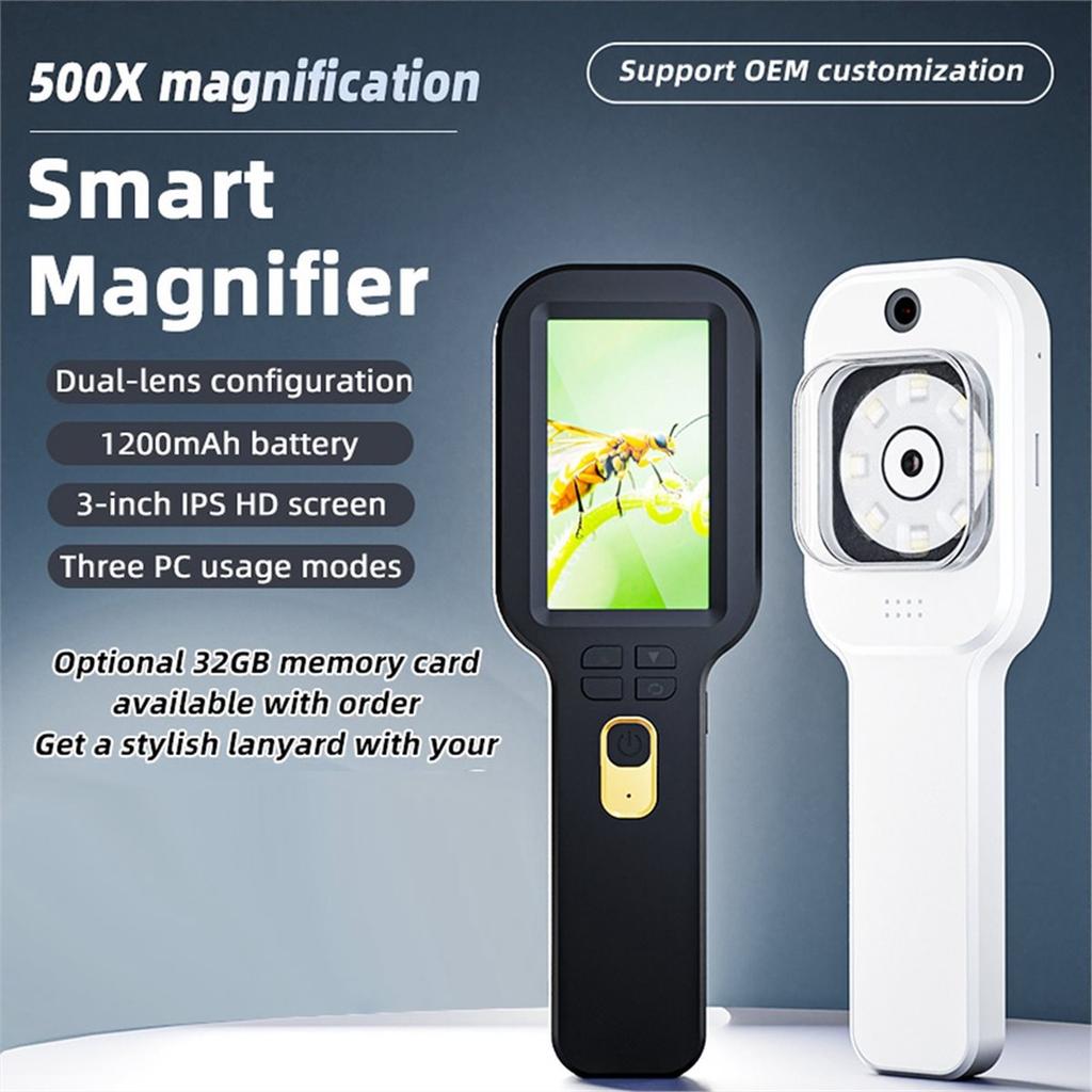 BHBL Handheld Digital Magnifier Microscope 500X Zoom 1200mah Electronic Magnifying Glass with 3 Inch IPS Screen Black