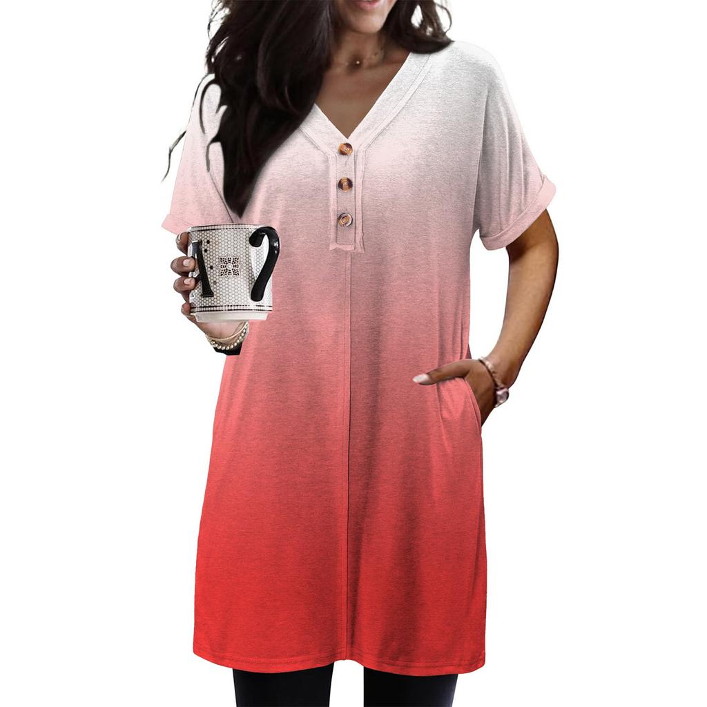 Women's Fashion Casual Short Sleeve Button V-Neck With Pocket Long Top