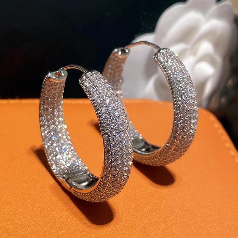 Huitan Luxury Aesthetic Hoop Earrings Full Bling Bling Cubic Zirconia for Women Sparkling Noble Party Zircon Trendy Accessories