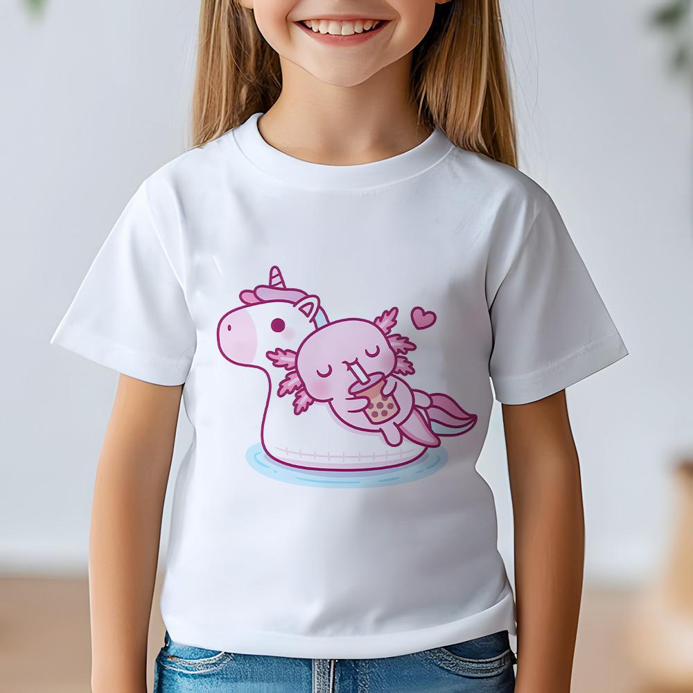 Axolotl Bubble Tea On Unicorn Tshirts Kawaii Anime Print Tops Cute Girl Cotton T-shirts Summer New Versatile Short Sleeve Tees
