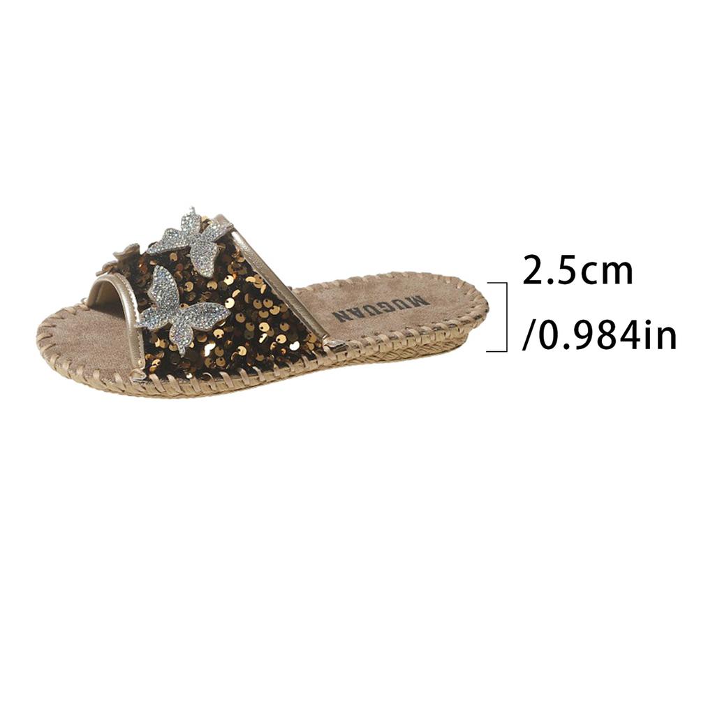 Mode Glitzernde Hausschuhe Damen 2024 Neu Sommer Mode Pailletten Schmetterling Strass Sandalen Lässige Ballerinas Baumwollhausschuhe Pantoletten Damen
