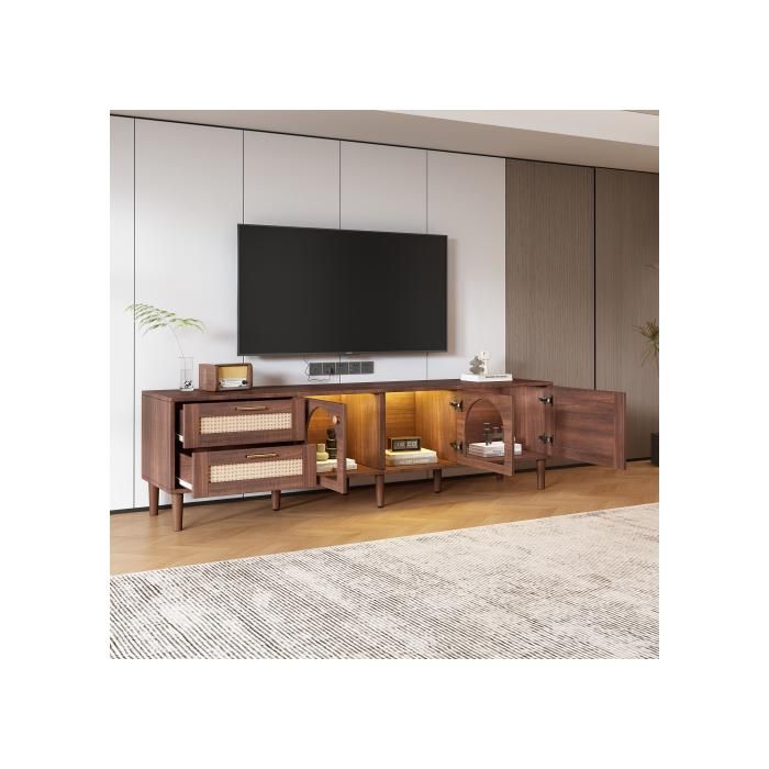 Meuble TV - MUVOE - 180 Cm - 2 Tiroirs En Rotin - 2 Portes En Verre Incurvées - Bois Marron