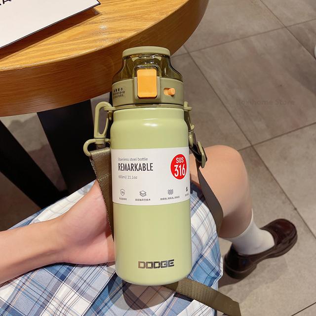 

Термос из нержавеющей стали 316, 21 унция, бутылка для воды для девочек с соломой, портативный ремешок, большая спортивная термоизолированная термос 21oz-600ml