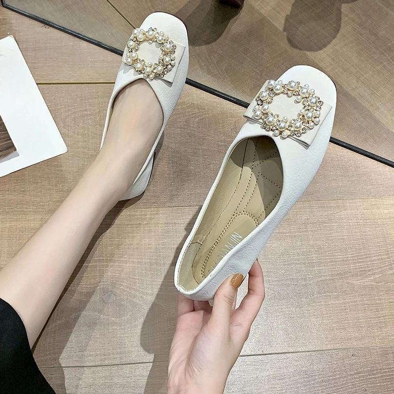 Fashion Pearl Ladies Footwear Slip-on Square Toe Low Price 39 High Quality Fashion Casual Stylish Spring Shoe Y2k Non Women's Flat Shoes