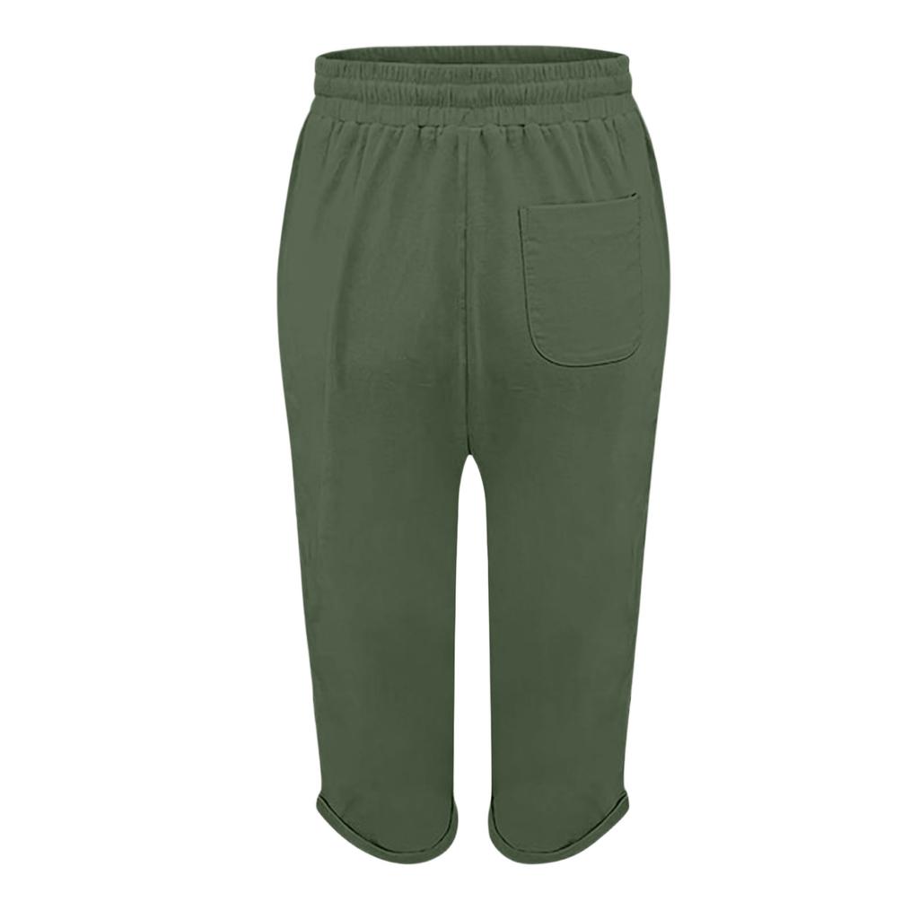 Women's Cotton And Linen Pocket Elastic Casual Pants Five Quarter Pants