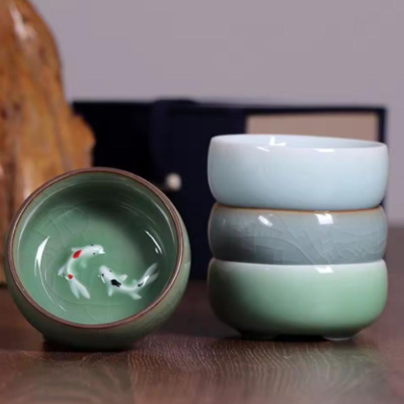 4PCS Crackle Golden Fish Celadon Porcelain Teacups Delicate Longquan Tea Cup Bowl Kungfu Serviceable Chinese Tea Cup Tea Making