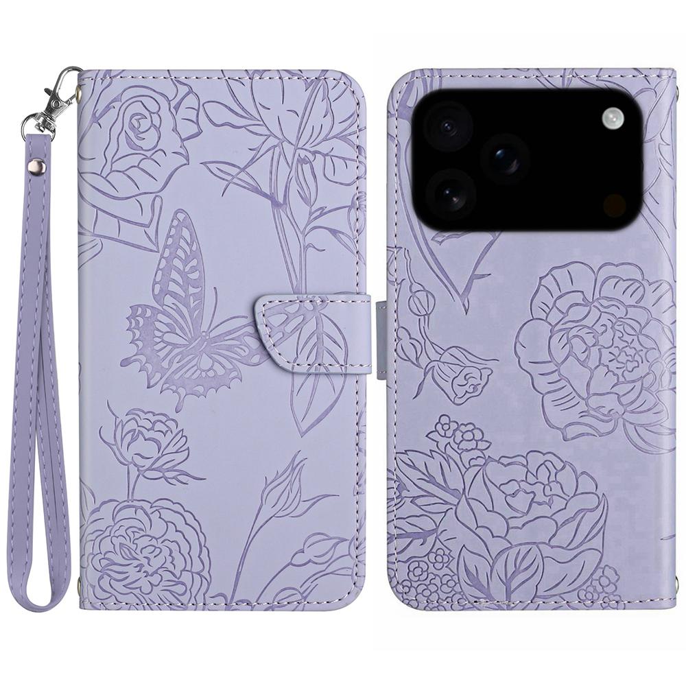 

For iPhone 17 Pro Max Case Butterfly Flower Imprinted Leather Phone Cover with Strap Purple