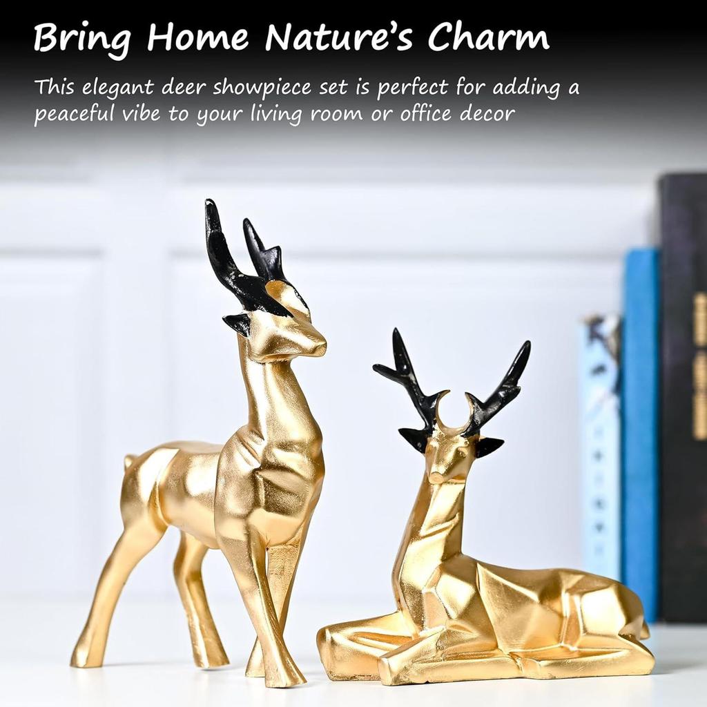 Zestaw 2 żywicznych rzeźb jeleni Hiran do dekoracji domu i biura inspirowanych naturą, idealny dla miłośników przyrody, doskonały dla przyjaciół i rodziny (Złoto)