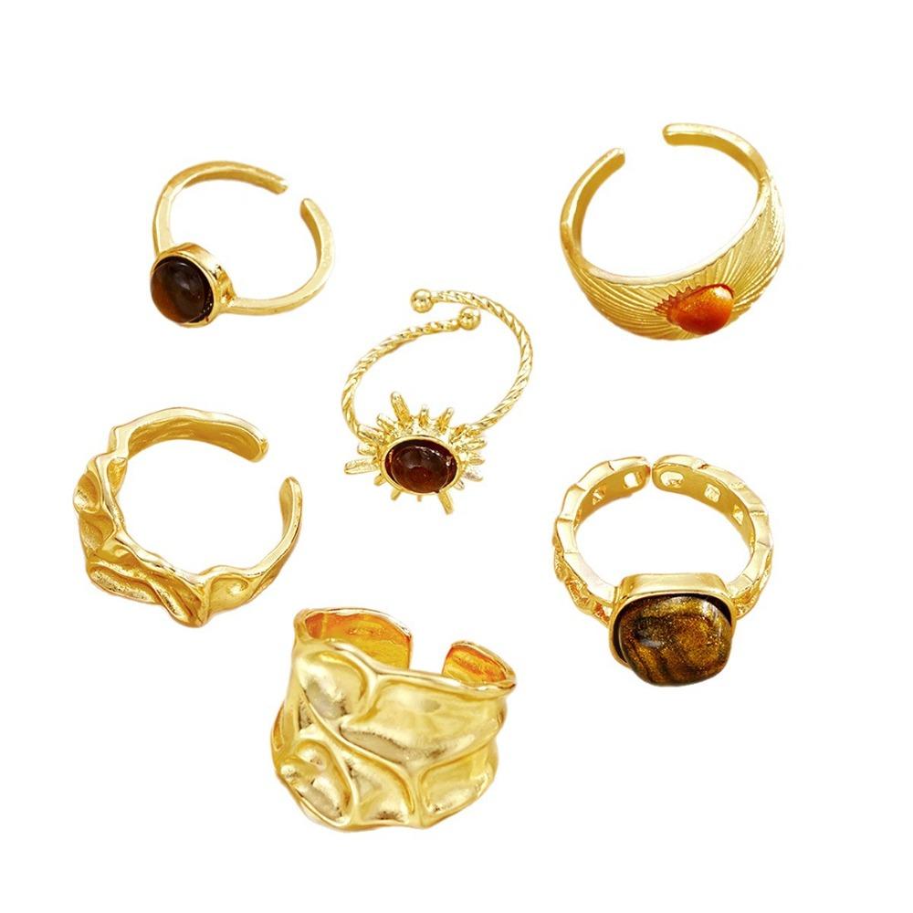 6pcs Set Trendy Retro Maillard Tiger Eye Stone Gold Color Irregular Liquid Metal Opening Ring for Women Personality Jewelry Sets