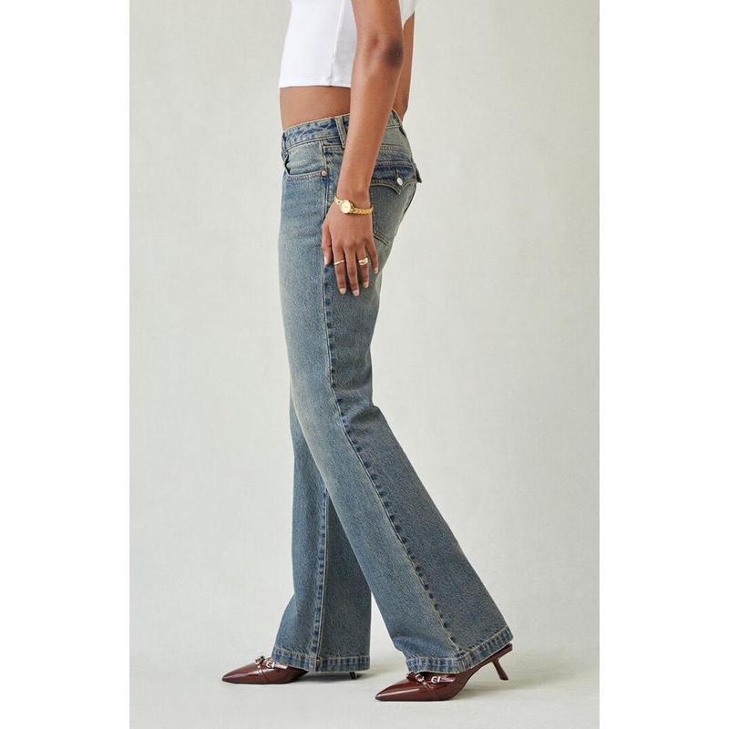 Damen Niedrige Taille Jeans Vintage Weit Ausgestellt Gerade Beine Verjüngt Baumwolle Lässig Frühling Jeans