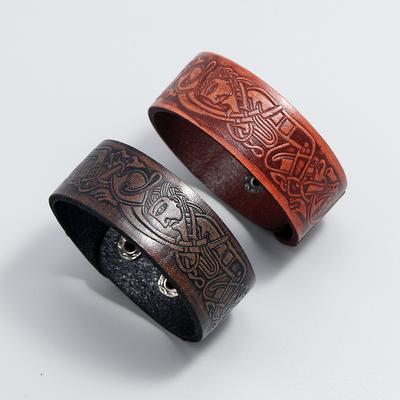Vintage Leather Printed Wristband Adjustable Cuff Bangles for Men