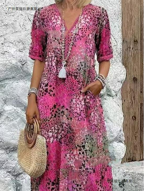 2026 European & American Fashion V-Neck Lace Trim Printed Short-Sleeve Dress
