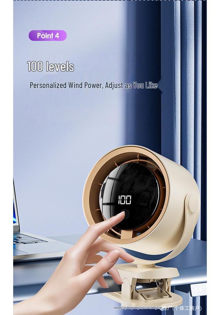 Rechargeable Mini USB Clip-on Desktop Fan with Digital Display for Home, Office, and Dorm.