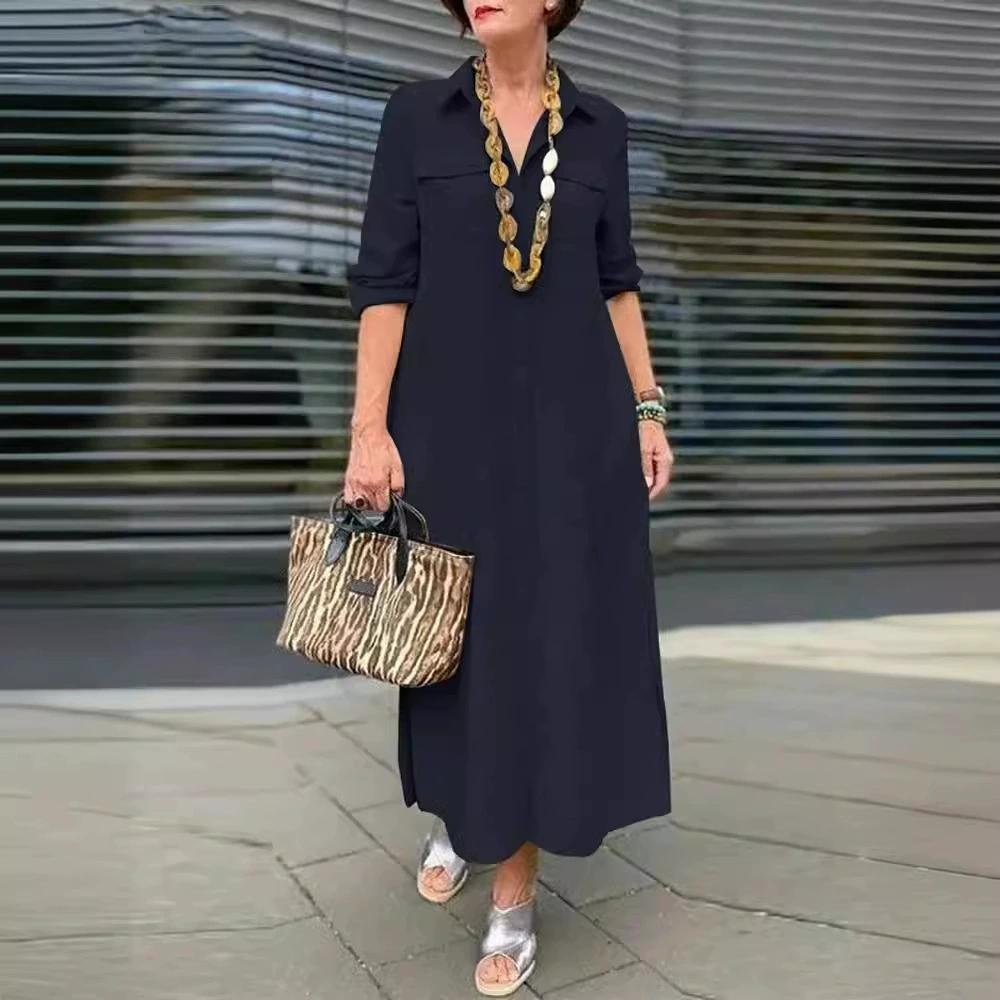 Women's Long Dress Turn Down Collar Long Sleeve Maxi Dress Loose Solid Color ingle Breasted A-Line Dress