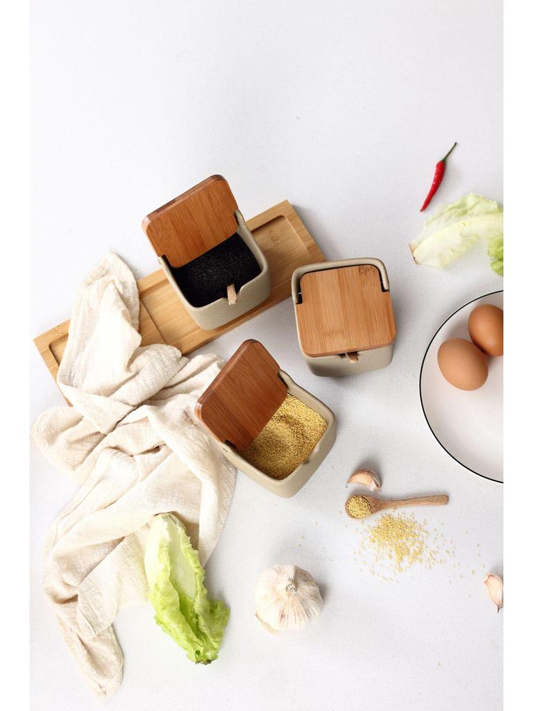 Japanese Ceramic Seasoning Jar Set with Bamboo Lids - Home & Restaurant Use