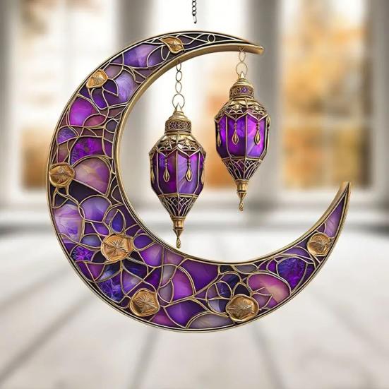 2D Acrylic Star Moon Lantern Suncatcher, Crescent Moon Window Hanging Ornament for Home, Patio, Garden, Ramadan Decor, Housewarming Gifts for Family