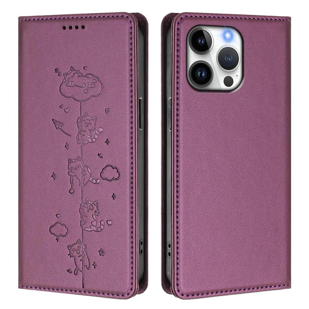 For iPhone 16 Pro Max Case RFID Blocking Wallet Stand Imprinted Cat Pattern Leather Phone Cover