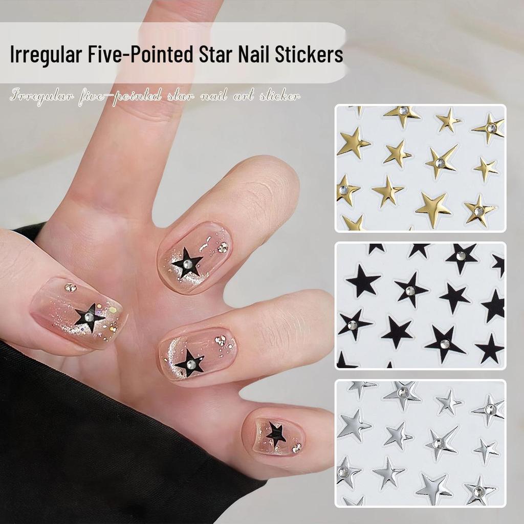Alien Crystal Rhinestone Nail Stickers: Gold, Silver & Black Stars with Irregular Pentagram Decals