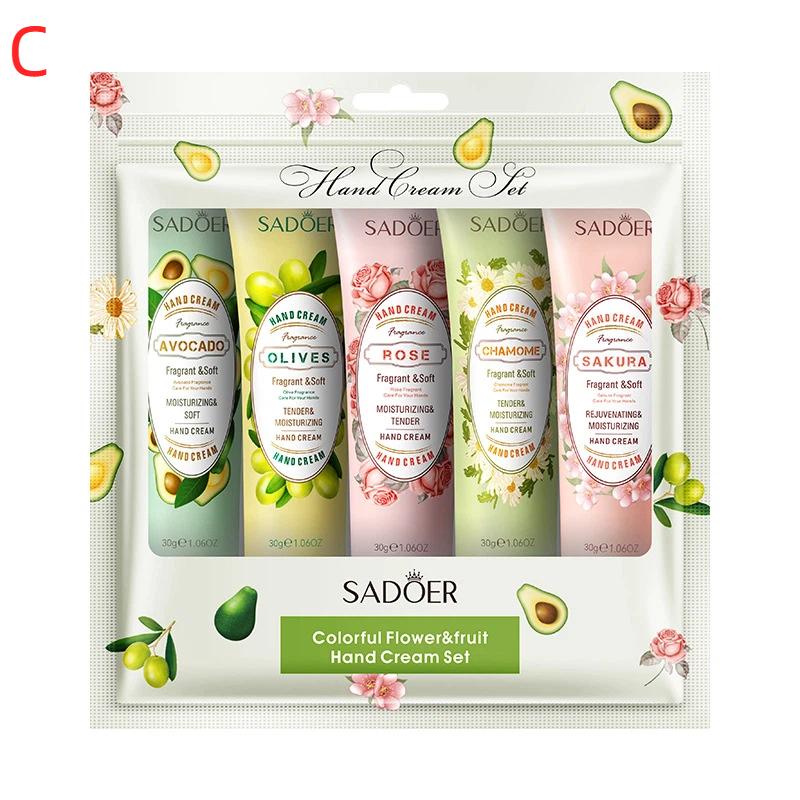 Sadoer 5Pcs/Set Fruit Plant Fragrance Hand Cream Sets Moisturizing Anti Dry Hand Lotion Sets Hands Skin Care Products