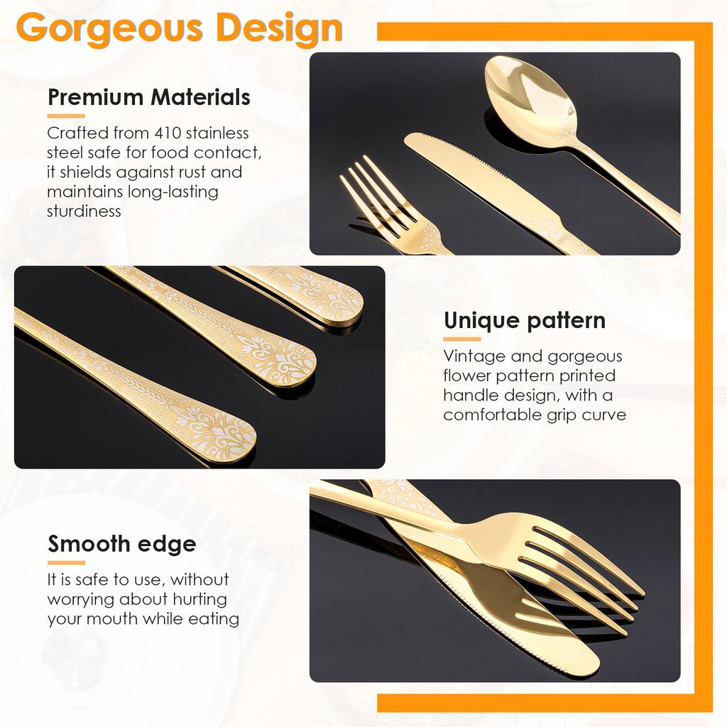 20 delig Bestekset Roestvrij Staal Diner Messen Lepels Vorken Set Bloemenpatroon Spiegelgepolijst Bestekset Vaatwasmachinebestendig