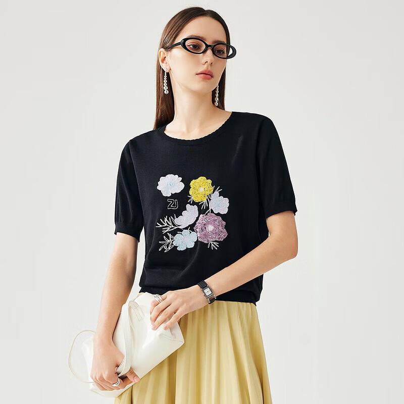Zhaojun Spring Summer Silk Embroidered Knitted T-Shirt