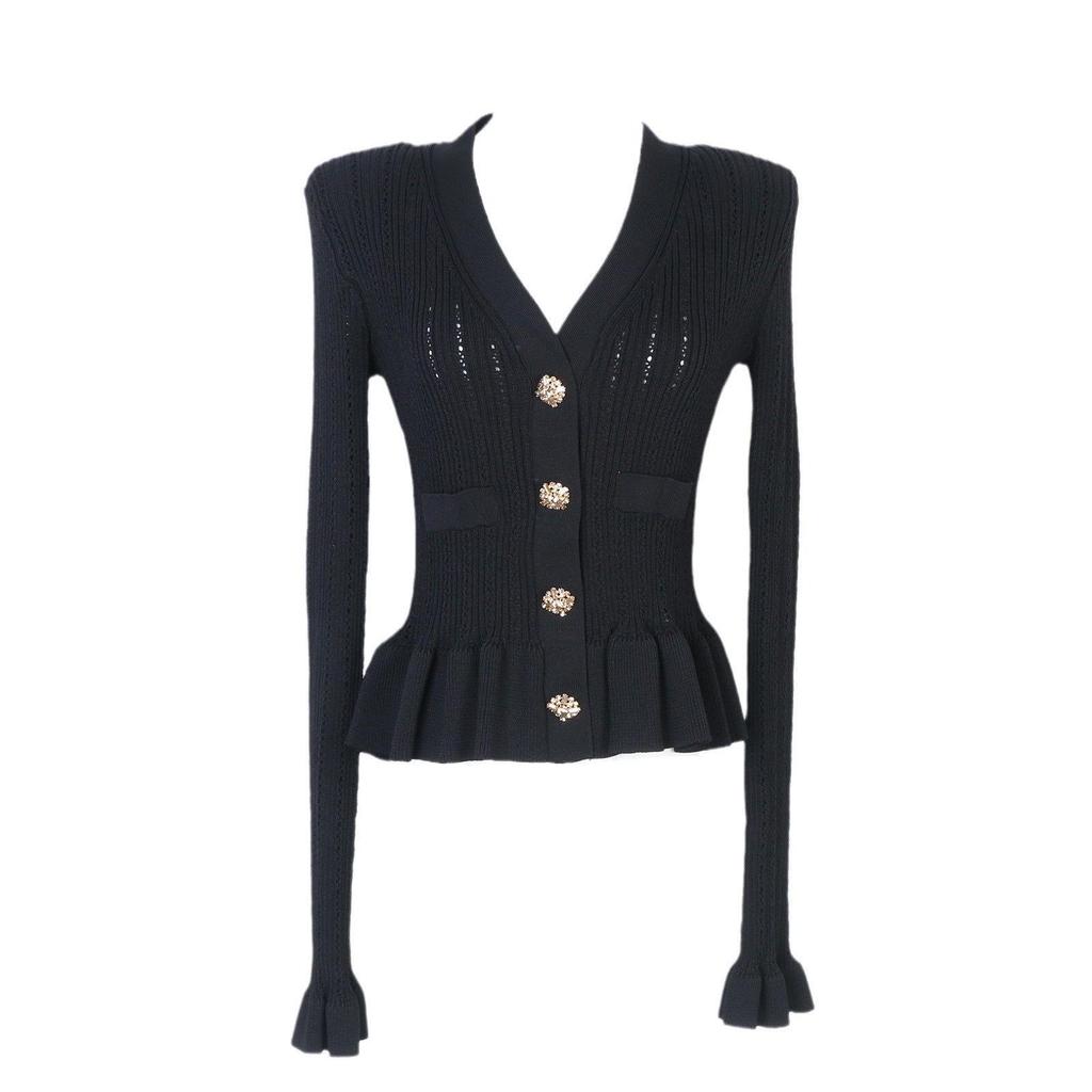 Women's French V-Neck Knit Cardigan with Waist-Cinching Design and Hollow Long Sleeves