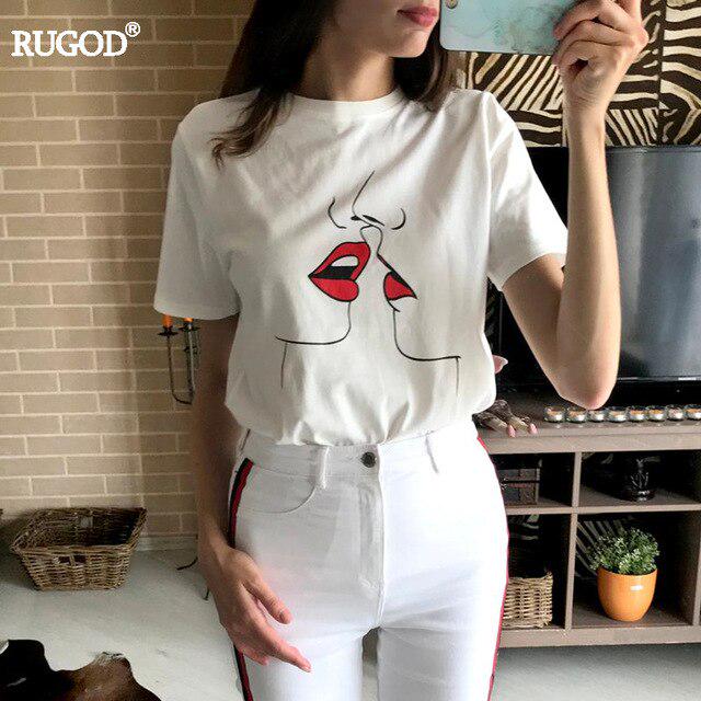

RUGOD Лето Kawaii Red Kiss Print Harajuku Женская повседневная белая футболка с круглым вырезом и коротким рукавом Топы XL белый
