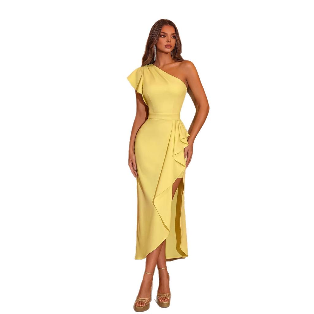 High-end Slant Shoulder Ruffle Edge Waist Dress Irregular Split Design Sense Niche Temperament Celebrity Evening Dress