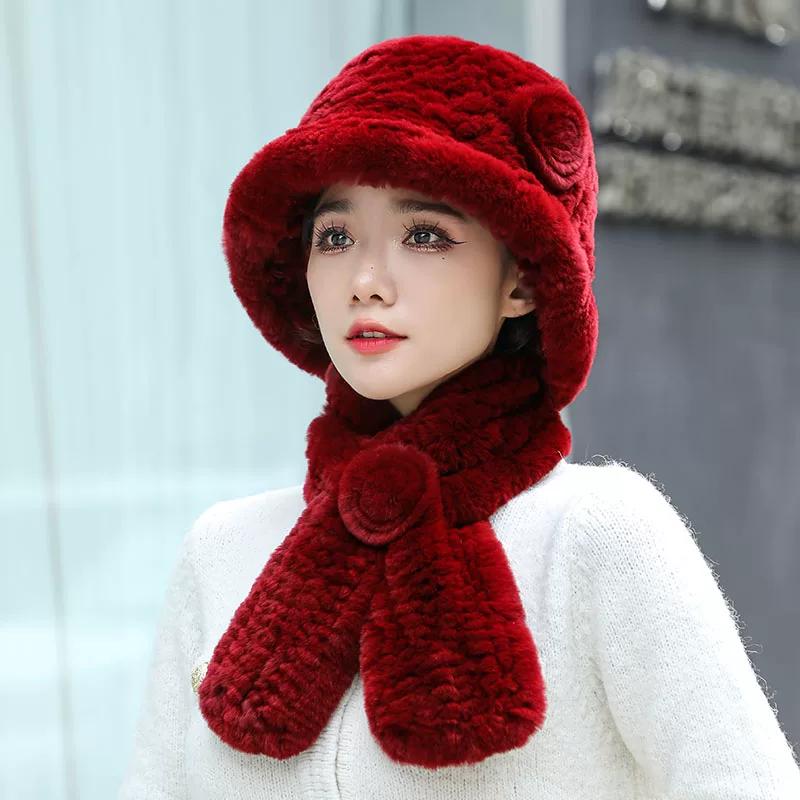 Middle-aged and Elderly Rex Rabbit Hair Hat, Scarf Set, Women's Winter Old Lady Two-piece Set, Women's Mother and Grandmother Thermal Hat