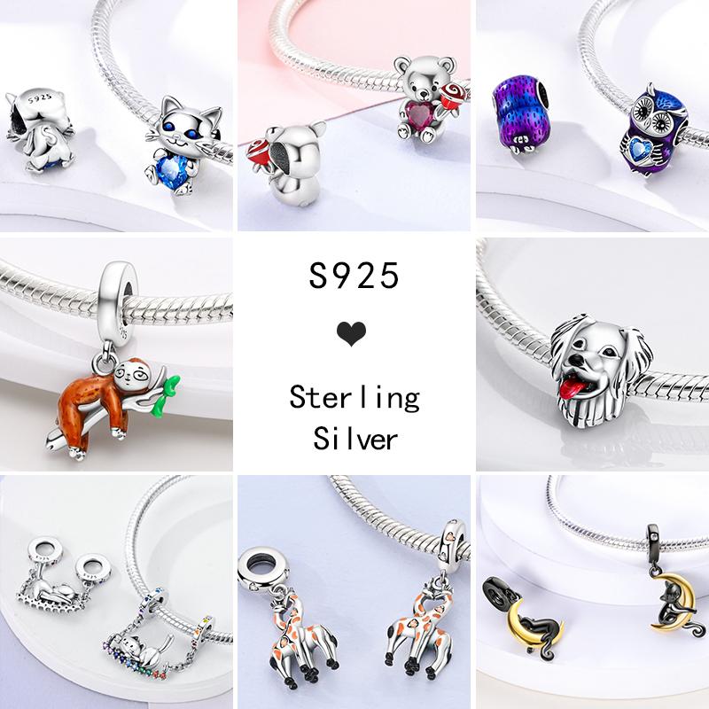 Fit Original Pendant Animal Charmscopper Pink Heart Pet Cat Dog Blue Owl Squirrel Beads Bracelet Women Diy Birthday Jewelry