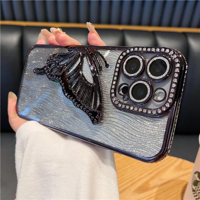 For For Iphone 16 Pro Max Flash Butterfly Holder Plating Diamond Frame Phone Case For For Iphone 13 14 15 Plus 16 E 17 Air Cover iPhone 15 Plus