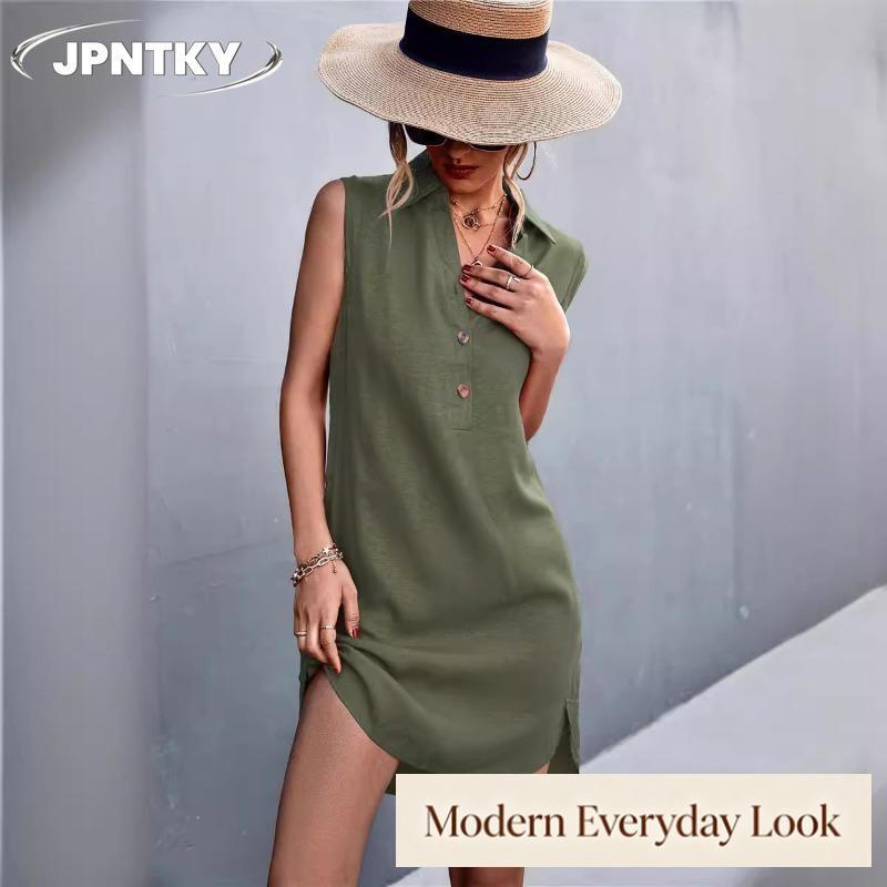 JPNTKY Fashion Solid Color Print Sleeveless V-Neck Casual Dresses