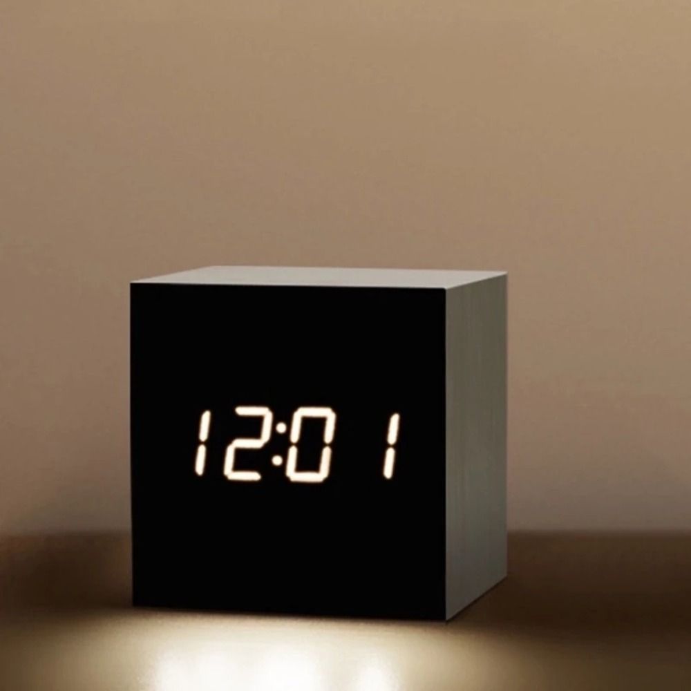 Voice Control Square Digital LED Alarm Clock Retro USB/AAA Powered Glow Clock Wood Multifunctional Desk Clock Gift