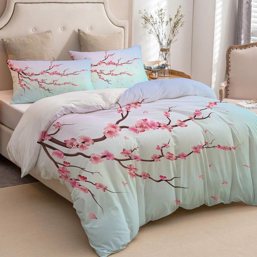Red Cherry Blossoms 3D Printed Quilt Cover Rustic Floral Style Polyester Duvet Cover Soft Comfortable Bedding Set Pillowcases