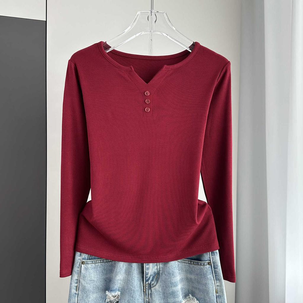 Stylish Long Sleeve T-Shirt Ribbed Slim Standard Shoulder Top For Autumn Stretchy Slim Base Layer Soft Ribbed Fabric Good For Inner And Outer Wear Top