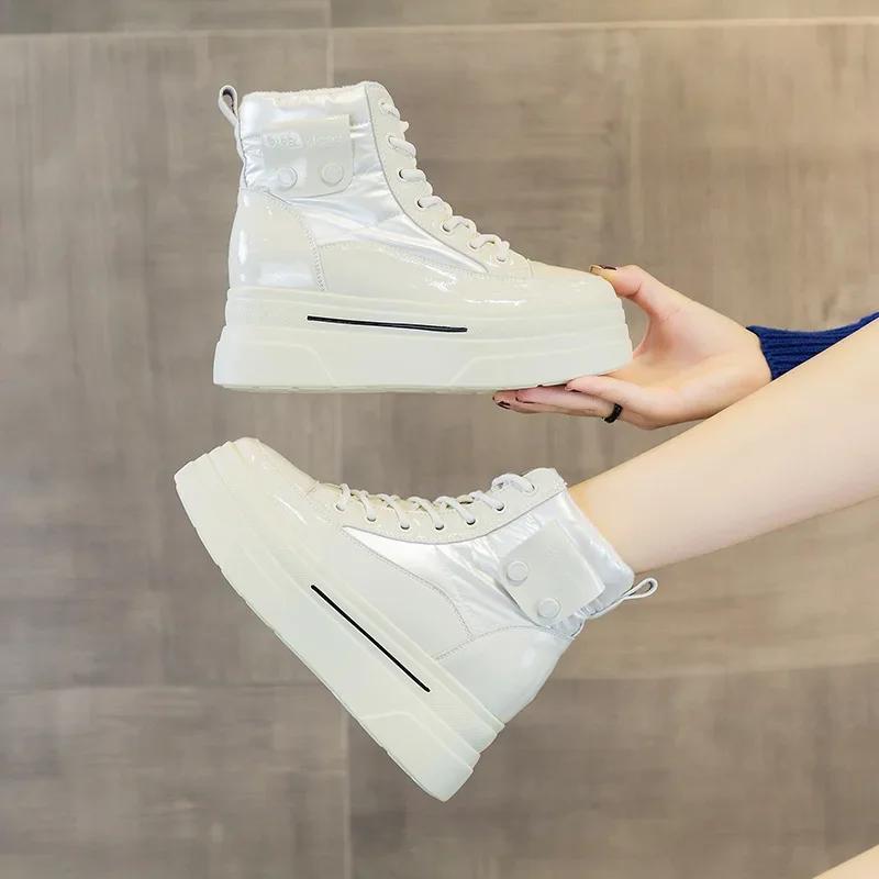 Fashion New 7.5cm Down Genuine Leather Women Ankle Booties Platform Wedge Hidden Heels Warm Women Autumn Spring Casual Boots Shoes