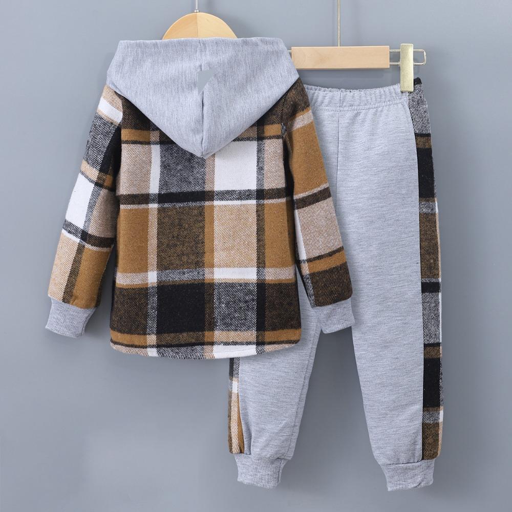 Kids Clothes Autumn/Winter Boys' Long-Sleeved Checkered Contrast-Colour Hooded Two-Piece Set (Top + Trousers)