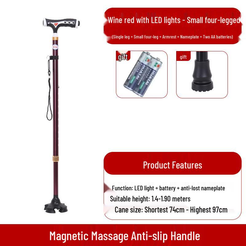 Yunxiang Verstellbare Vierfuß-Gehhilfe für Senioren - Rutschfest, Teleskop-Gehstock mit Licht, Aluminiumlegierung