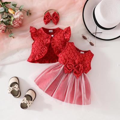 Baby Girl Summer Sleeveless Ruffled Jacket & Bow Mesh Dress with Headband Set