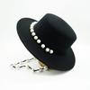British Retro Black Woolen Flat Top Top Hat Women'S Autumn And Winter Pearl Chain Flat Brim Felt Hat Internet Celebrities Of The Same Style