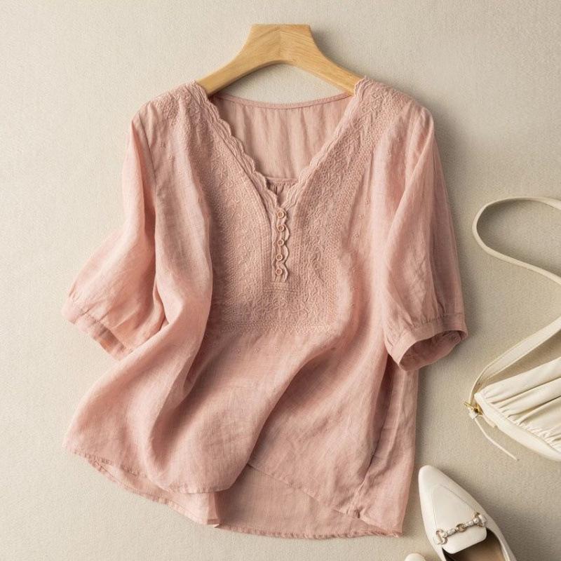 Women S Vintage Literary 3 4 Sleeve Embroidered V Neck Cotton Linen Shirt