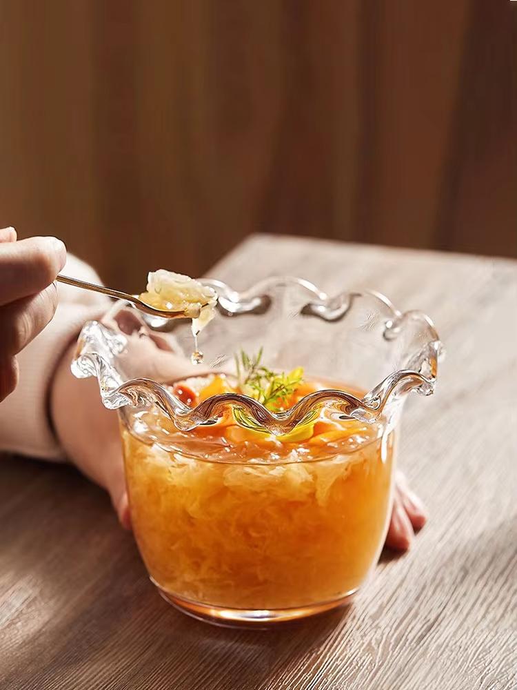 Vertical Lace Transparent Glass Bowl - Decorative Dessert Salad Breakfast Bowl for Syrup Oatmeal - Elegant Dim Sum Serving Dish