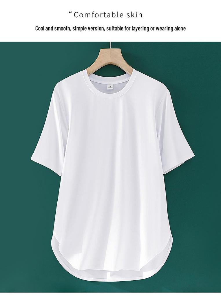Women's Cool Ice Feel Solid Color Round Neck Short Sleeve Loose Fit Summer Top with Curved Hem
