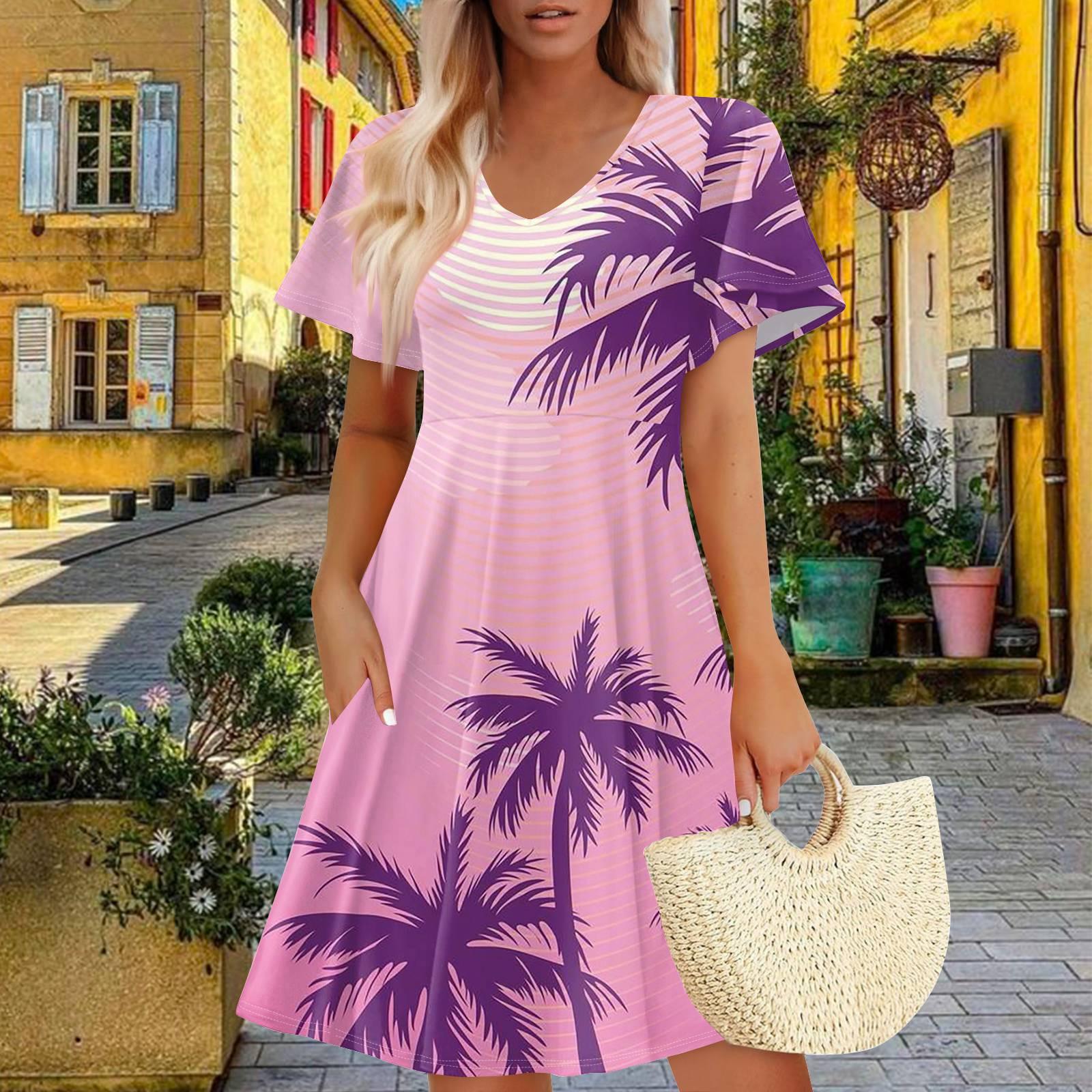 

Women Summer Dress Casual Swing Floral Ruffle Short Sleeve Sundresses Beach A-line Dress With Pockets M Кіновар