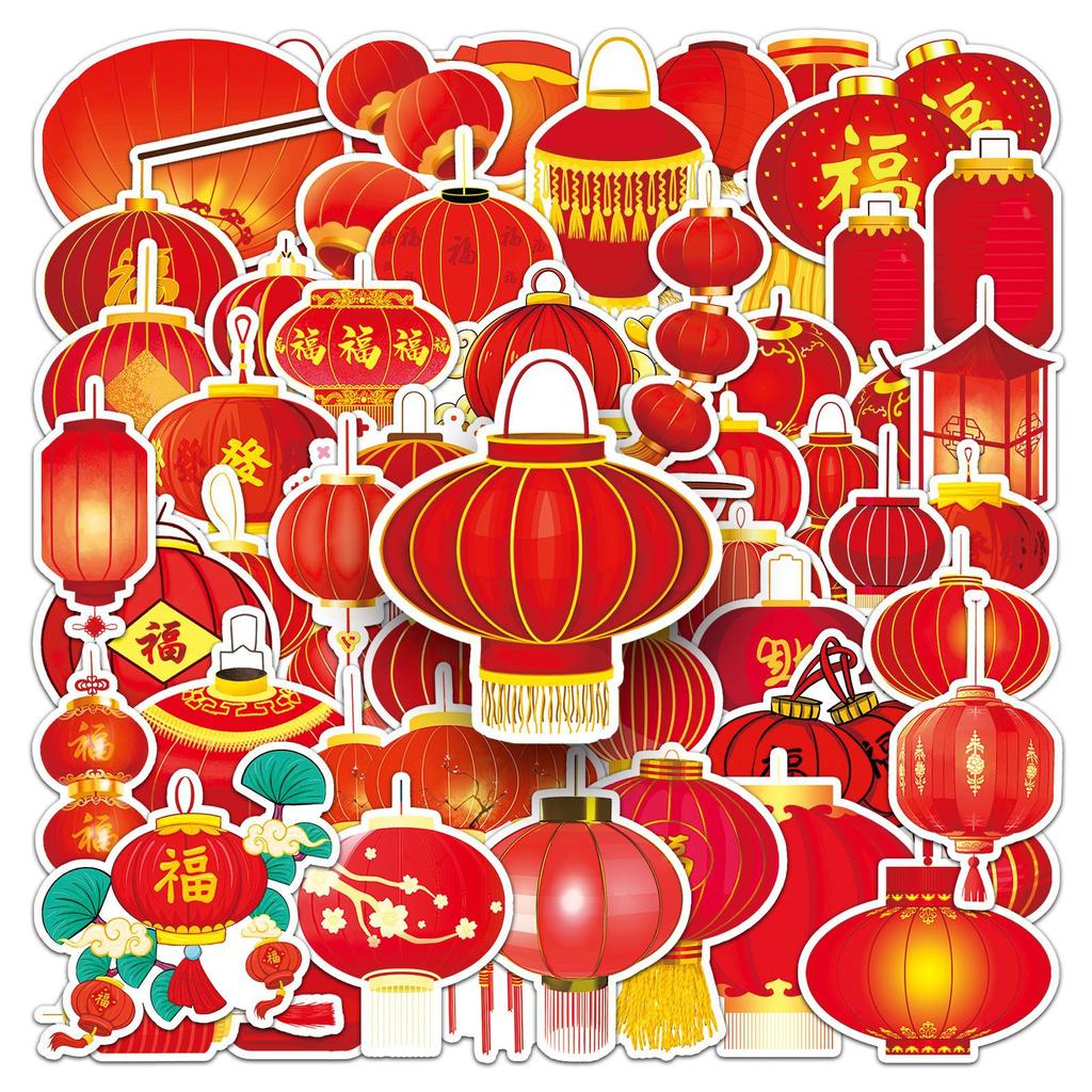 50 Red Lanterns, National Tide Stickers, Creative Chinese Style, New Year Spring Festival Decorative Stationery, Mobile Phone Case, Adhesive Stickers.