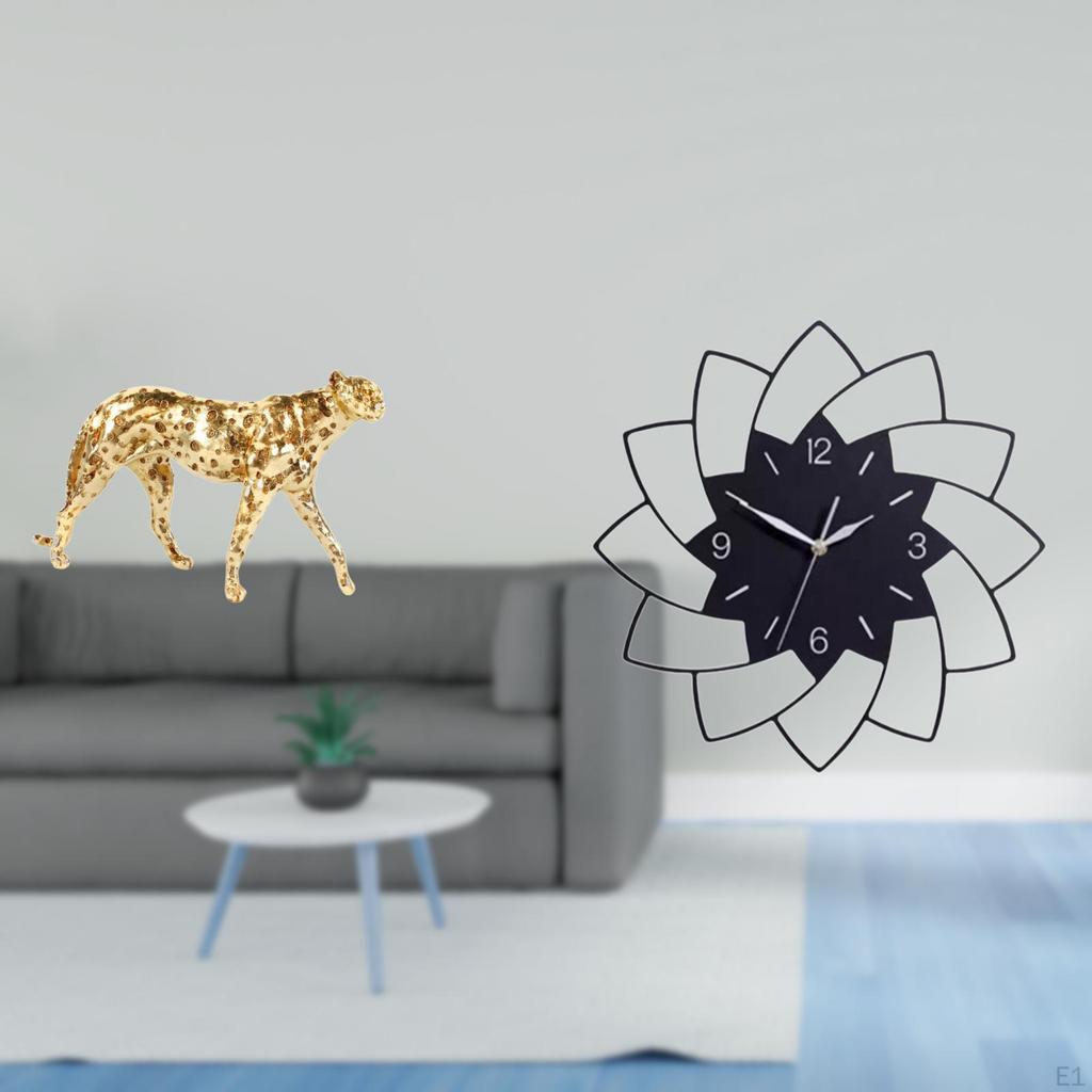 Golden Floral Cheetah Clock Sculpture Tabletop Ornament Decorative Centerpiece for Office Home