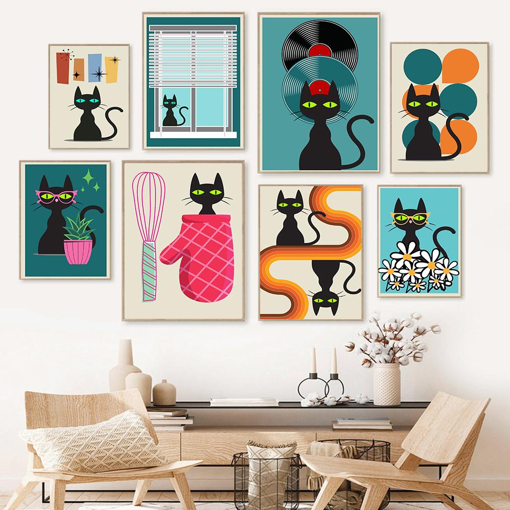 Lustige Katzen Mid Century Poster und Drucke Leinwand Malerei Schwarze Katze Wandbilder für Wohnzimmer Katzenliebhaber Geschenk Home Decoration Kein Rahmen