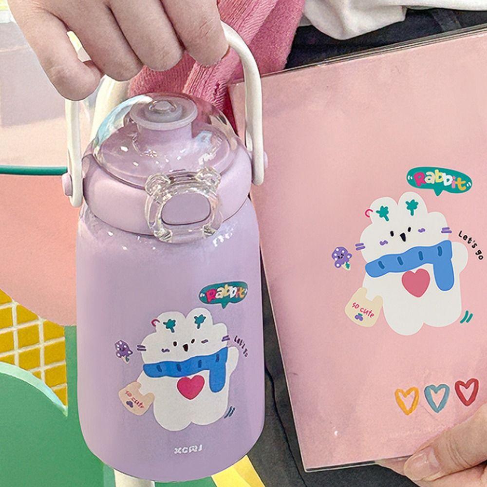 Large Capacity Vacuum Cup Double Drinking Straw Coffee Cup Cute Student Water Cup  for Children