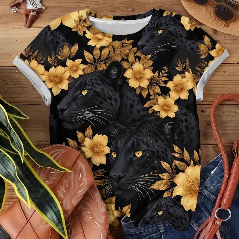 Bold Leopard Print Gold Flower Women's T-shirt Casual Fashionable Loose Comfortable Black Short Sleeve