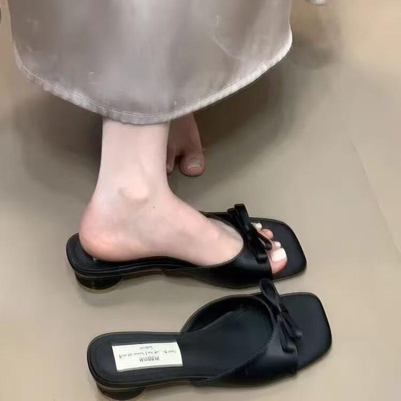 Bow thick heel high heel cool slippers gentle fairy word slippers summer wear new